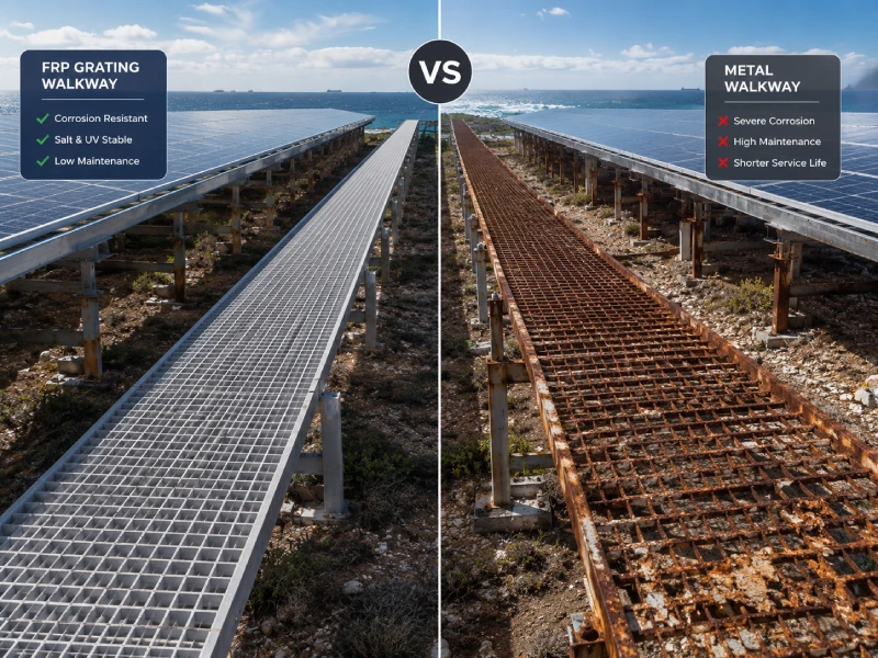 Bakit FRP Grating ang Pinakamahusay na Materyal para sa PV O&M Walkways (FRP Solar Grating vs Metal)