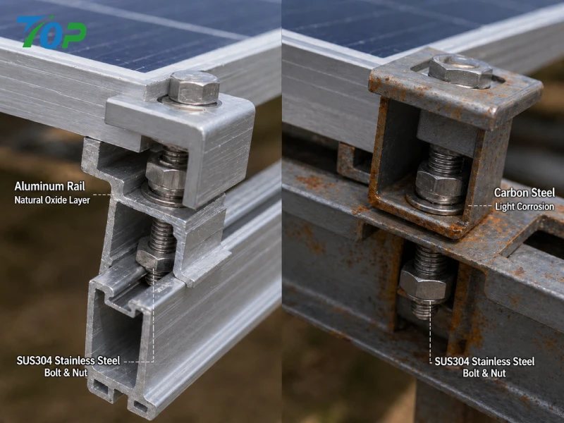 macro detail of aluminum oxidation and steel corrosion in solar mounting connection with stainless steel bolts