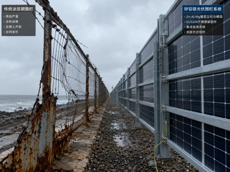 Comparison between corroded traditional fence and Zn-Al-Mg solar fence system at a coastal utility-scale photovoltaic project